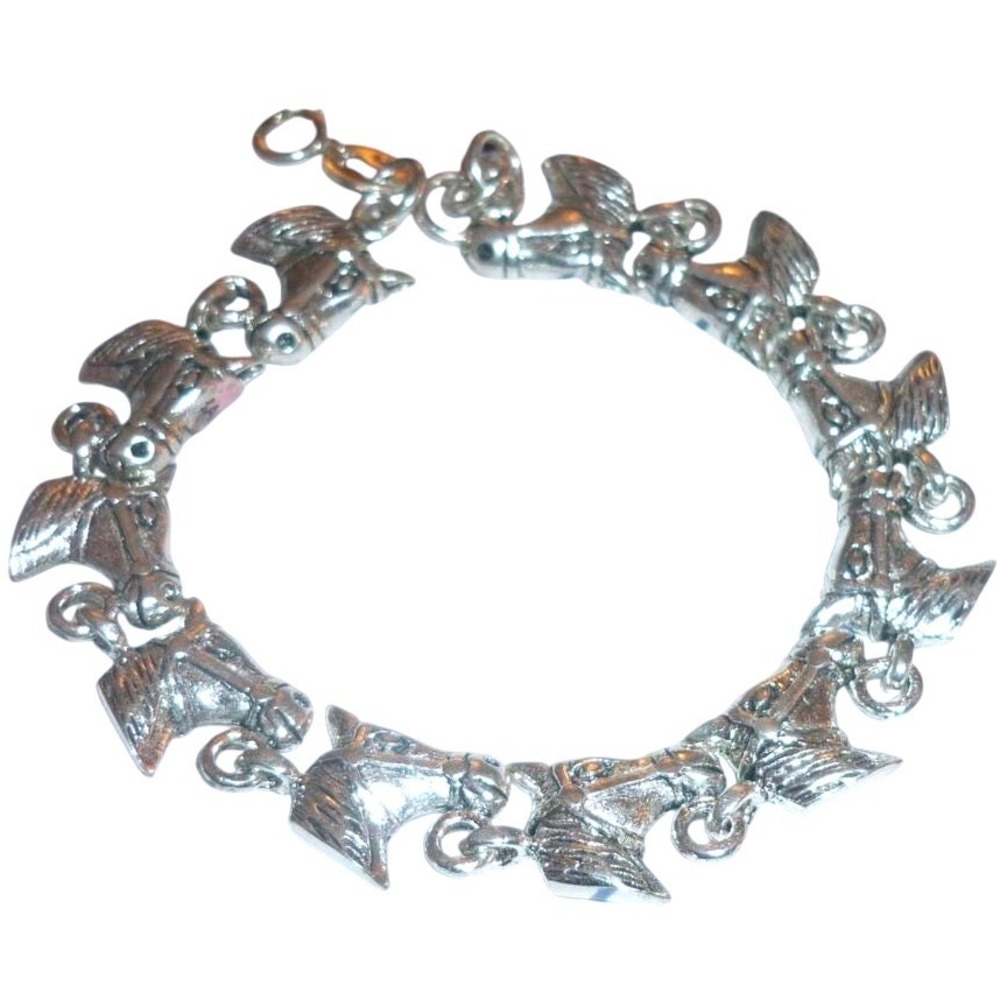 Vintage Sterling Silver Linked Horse Head Panel Charm Bracelet 14.59g